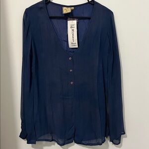 Royal Blue Long Sleeve Button Down Silk Inner & Sheer Blouse